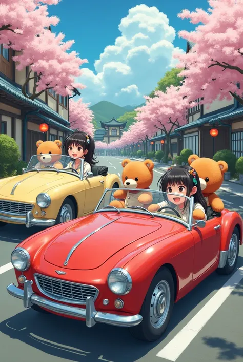 Japanese people riding in open cars　Bring along your teddy bear　Draw with one human and one teddy bear