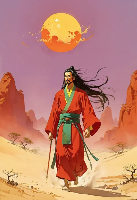 In a vast, desolate desert, Kua Fu, a towering figure with muscular arms and long flowing hair, sprints toward a massive, glowing sun. His strides are immense, kicking up dust and sand behind him, as he chases the radiant orb across the horizon. His face i...