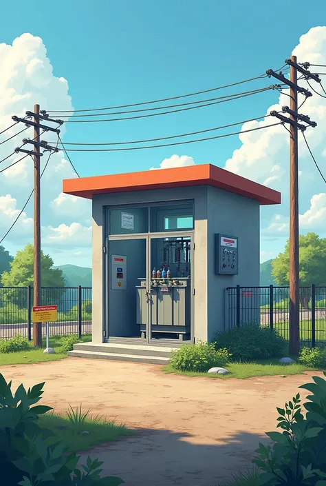 A kiosk substation in a rural or urban area, enclosed within a compact, secure structure. The kiosk features transformers, circuit breakers, and electrical control panels, all housed in a metal or concrete enclosure. The surrounding environment includes sa...