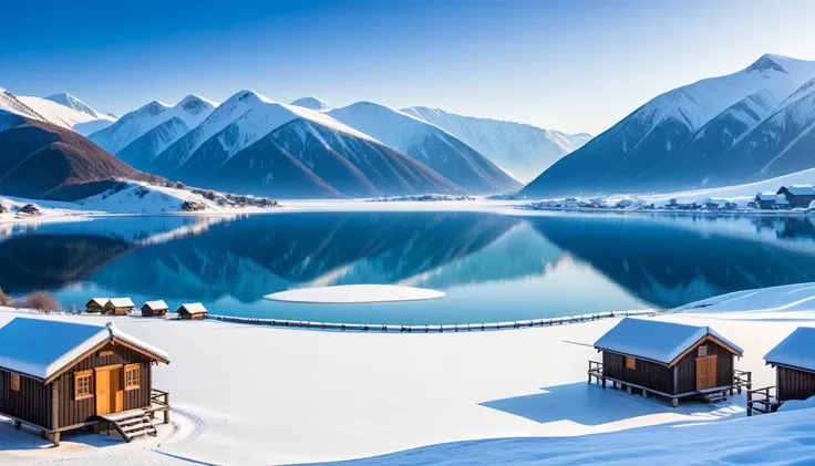 cold area，a quiet town，wooden hut，roof covered with snow。frozen lake。snowy hills in the distance。