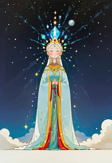 (masterpiece:1.5), (Best quality:1.3), Simple background, Simple lines, Art illustration, coloring book, fantasy, Imagine, creativity, Art, abstract, Surreal, Goddess, glowing stones, celestial, girl, whole body, flowing robes, ethereal, stars, clouds, sky...