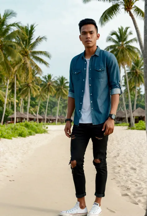 please make me a realistic photo of a Indonesia man wearing a denim shirt, wearing black Ripped jeans, wearing Converse all Star shoes, wearing an iPhone smartwatch in his left hand, ((close up Full body)) standing facing the viewer in a beach resort with ...