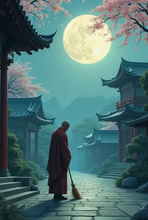 Morning, there is a monk in the temple sweeping the moon