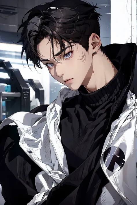 Anime boy with gradient white hair, Shave the short side, Tie your hair into a bun on the left side., center, serious face, Wearing black earrings, black sweater, Speed Jeans, Clothing of the future, Dark black circle, jet black hair, dark brown hair, extr...