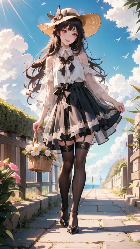 (practical:1.3), Attention to detail, quality, (masterpiece:1.2), Delicate skin， (Intricate details), dramatic, Ray Tracing, 1 girl, smile, Very long hair, bangs, cold，（（Hata_skirt））, have,ribbon,race,stockings, High heels, (Outdoor, sunny day, Open garden...