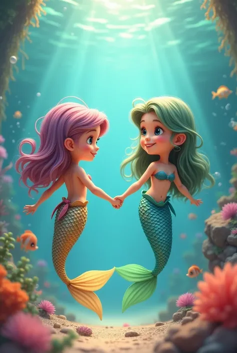 The cute mermaid twin was holding the hands of eachother in the playgroung