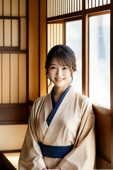 smile、8K quality、Highest quality、Beautiful Eyes、Healthy body shape、Traditional Japanese Beauty、A beautiful woman in a kimono blends in with the modern interior of a cafe。She wears traditional kimonos and modern accessories.、It contrasts with the stylish ba...