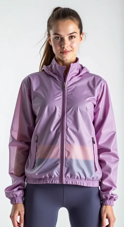 a Young woman in a purple jaket and leggings stands in Front oF a white background, purple jaket, sports clothes, sports clothes, purple raincoat, jaket, sports jaket, sweat, she is wearing a wet coat, F / 2 0, wētā fx, wearing translucent sheet, a purple ...