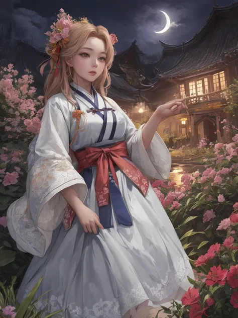 best quality, high_resolution, distinct_image, detailed background ,girl, hanbok,flower,garden,moon, night,dutch angle, wide shot, crown,