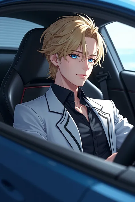 Blonde anime man in blue eyes in stylish clothes in a car