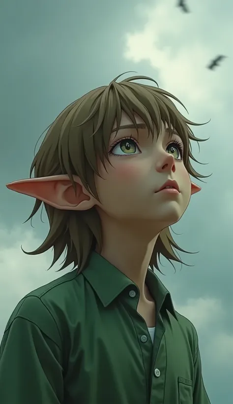 Boy with depression、Japanese、Beautiful Boy、Light Brown Hair、Long Hair、Pointed Ears、Green Shirt、Extreme close-up、Face close-up、Real、cloudy、Looking up at the sky、Highest quality、masterpiece、live-action、Link、The Legend of Zelda