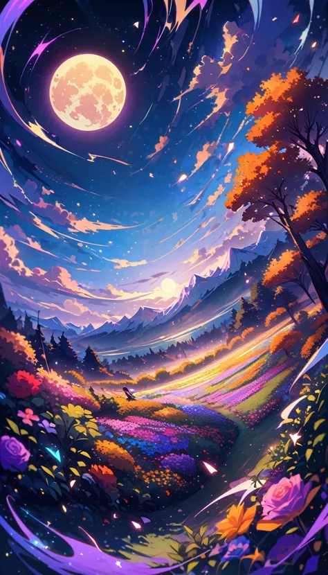 Super wide angle，sky，open rose garden，（Man and woman hugging in the wind），（full moon：0.9），（nebula：1.1），distant mountains，tree，（cold light：1.2），A mixture of purple and orange，Rich in detail，dream，Magic, 8k