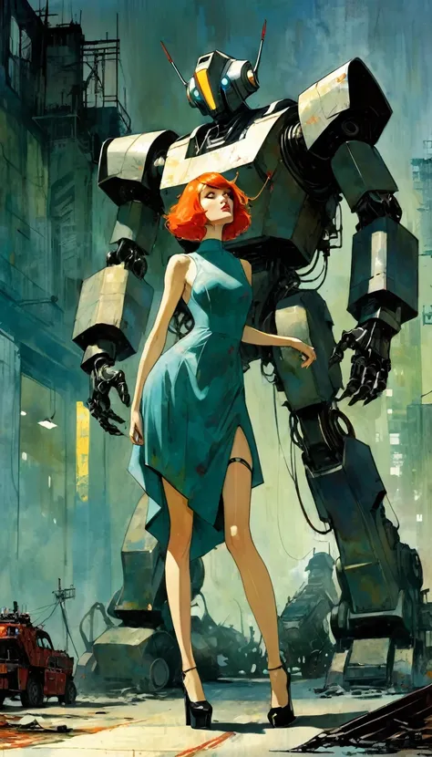 The sexy girl loves the giant and monstrous robot, modern dress,  art inspired by Bill Sienkiewicz and Dave McKean.
