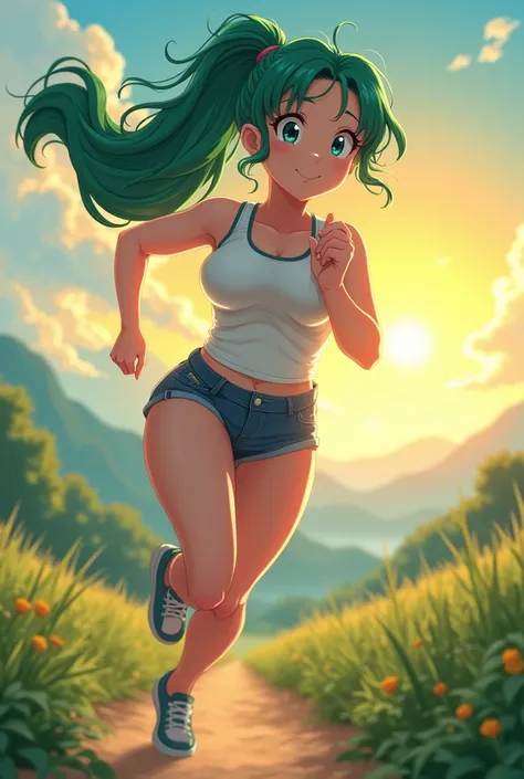 a solo, girl, green sports bra, ultra detailed face, ultra detailed eyes, ultra detailed iris, green hair, crystal clear eyes, crystal clear iris, ultra fine detail on eyes, ultra fine detail on iris, ultra fine detail on face, cute smile, chubby body, big...