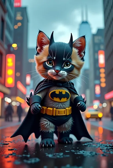 kitten　cute　Batman Costume　Cityscape background　Real