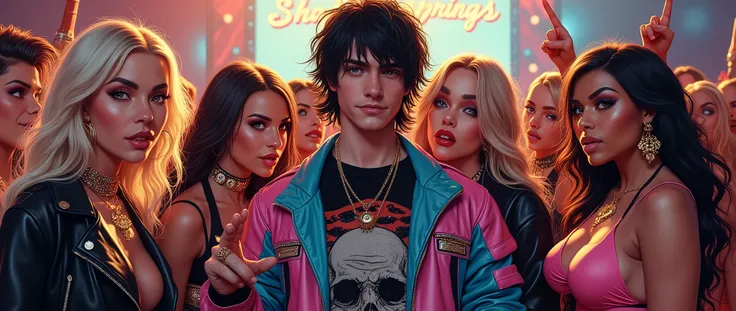 "Shane springs" big concert sign, thin male, white American teen boy 20 years old with medium length black hair, wears a black shirt with a horror comic figure print and a bright pink blue leather jacket, shaved, dirty smirk, showing peace sign, 3 boys in ...