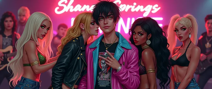 "Shane springs" big concert sign, thin male, white American teen boy 20 years old with medium length black hair, wears a black shirt with a horror comic figure print and a bright pink blue leather jacket, shaved, dirty smirk, showing peace sign, 3 boys in ...