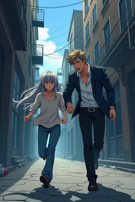 Anime girl with long gray hair and blue eyes in casual, unstylish clothes runs fast in an alley and bumps into a handsome 2 guy in a formal suit. 