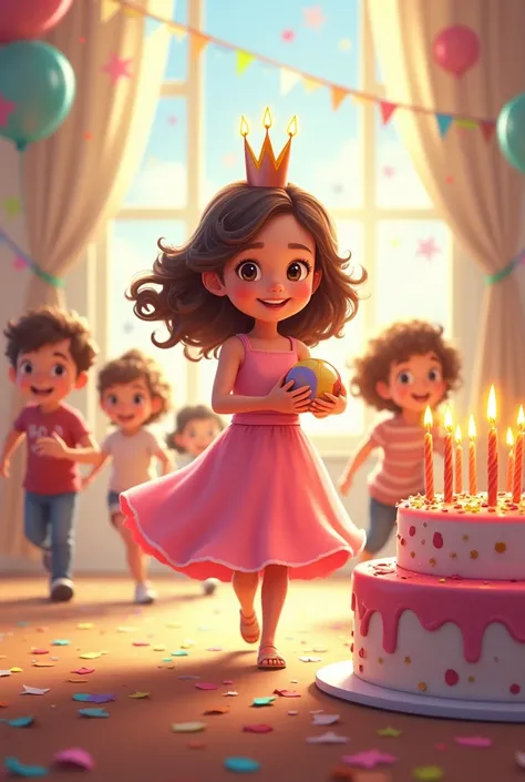 Children celebrate birthday, birthday girl 10 years old, smile on your face, stands in a beautiful pink dress, wavy hair, ball in hand, There is a small crown on his head, festive decorations in the background, in the background friends boys and girls  are...