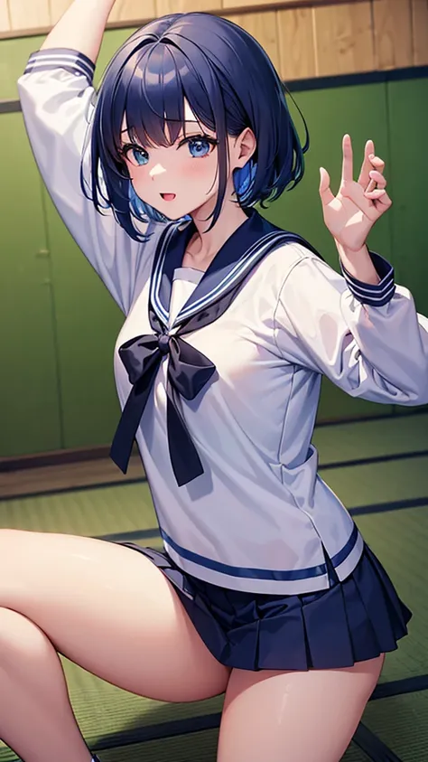 ((masterpiece, Highest quality, Very detailed, Very nice 8K CG wallpaper)), , A little thick, Medium Hair, Blue Hair, short hair, blue eyes,judo player、Sailor Style uniformS、Large bust、Sailor Suit、mini skirt、judo、Cute expression、InSide the judo GymnaSium、、...