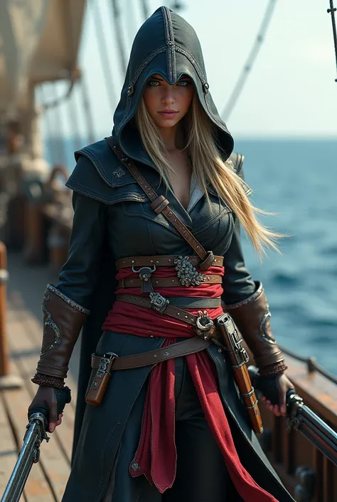 Blonde girl with blue eyes wearing assassins creed black flag outfit with face and eyes fully covered, eyes covered in shadows, big  , holding dual swords like assassins creed black flag, in a pirate ship, dual guns in holster,full body shot  