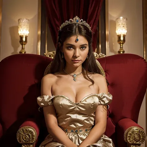 A princess is wearing a jeweled crown and sitting on a throne., there are 2 maids next to