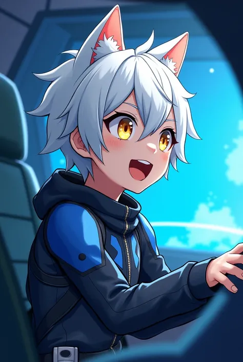 A male character with white hair and golden eyes, has a cute face, shows an excited face, has cat ears and a tail, drives a spaceship, has a blue atmosphere, is a view from inside, sees the character from the side, still sees the characters face, wears an ...