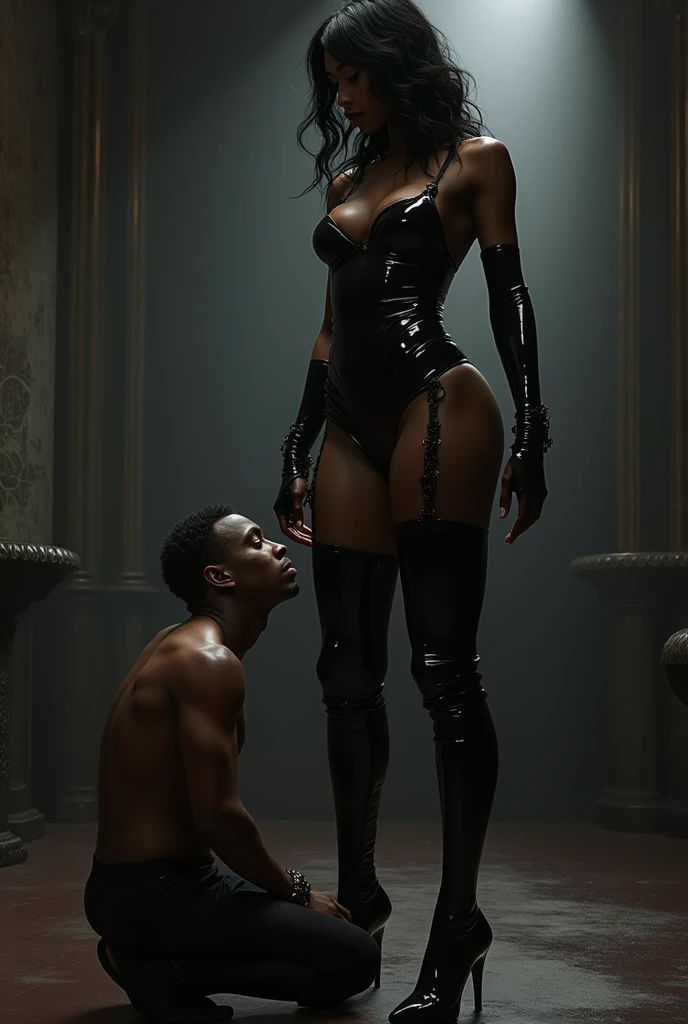 A black dominatrix stands in front of a 5 foot 7 short man. She is 6 foot 2 tall and 3 inches taller than the small white man.