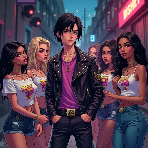 "the dark alleys" big concert sign, thin male, white American teen boy 20 years old with medium length black hair, wears a violett, black shirt and a dark pink short leather jacket with nieten, shaved, 3 boys in the background, band, guitar, drums, bassgui...