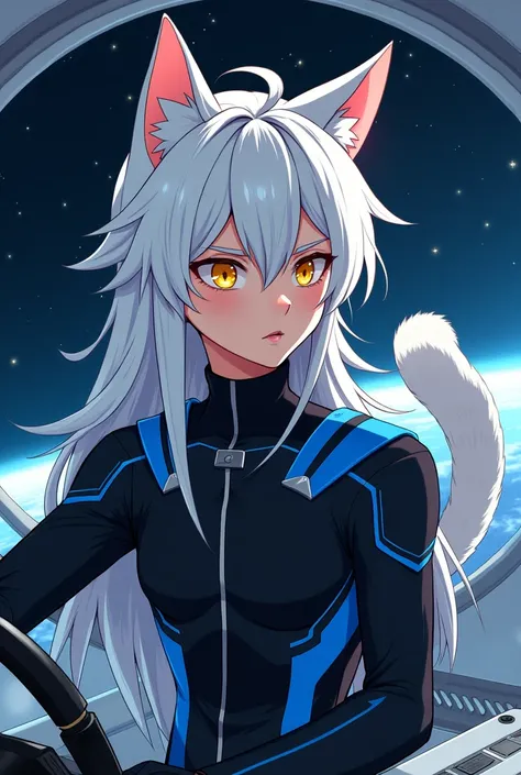 A male character with white hair and golden eyes, has a cute face, shows an excited face, has cat ears and tail, drives a spaceship, has a space atmosphere, is a view from inside, sees the character from the side, still sees the characters face, wears an E...