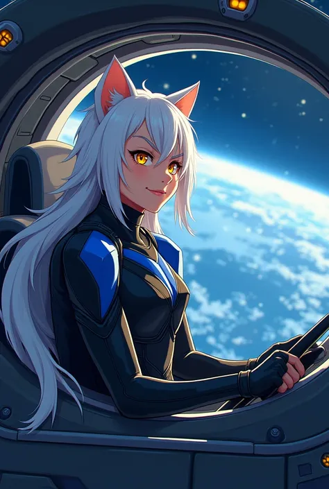 A male character with white hair and golden eyes, has a cute face, shows an excited face, has cat ears and tail, drives a spaceship, has a space atmosphere, is a view from inside, sees the character from the side, still sees the characters face, wears an E...