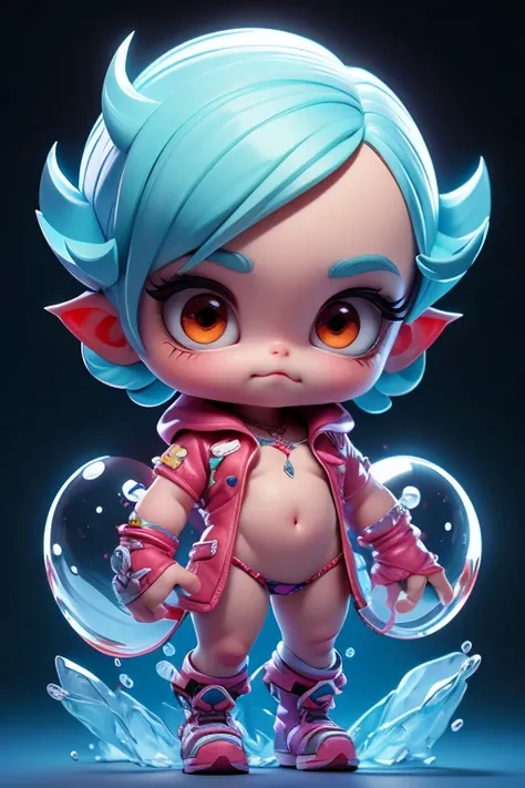 Create a monster image, a small, big-headed, baby monster.. The body is transparent and can be seen through. The image is sharp and detailed., with beautiful colors.. With arms, leg, eyes, mouth, พื้นหลังสีlegว