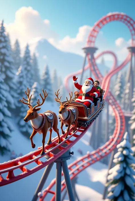 3d roller coaster with Santa clause and reindeers with snowy background, landscape with 2 circles of roller coaster 