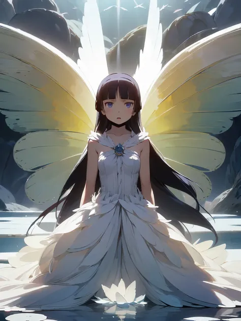 ((siren)), ((fairyの翼)), butterfly wings, ((ruri gokou)), girl, alone, hime cut, long hair, soft light, graceful appearance, in t...