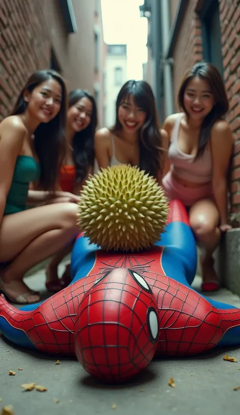 It appears that the image shows someone dressed as Spider-Man in a humorous situation. The person is lying on the ground with a giant durian fruit on their stomach, and three women nearby are laughing at the scene. The setting seems to be in an alleyway or...