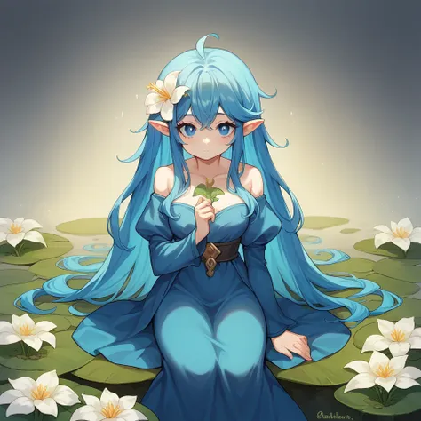 1girl, solo, long hair, looking at viewer, blue hair, pointy ears, blue eyes, plant mutant, flowers in hair, blue fingers,

- **...