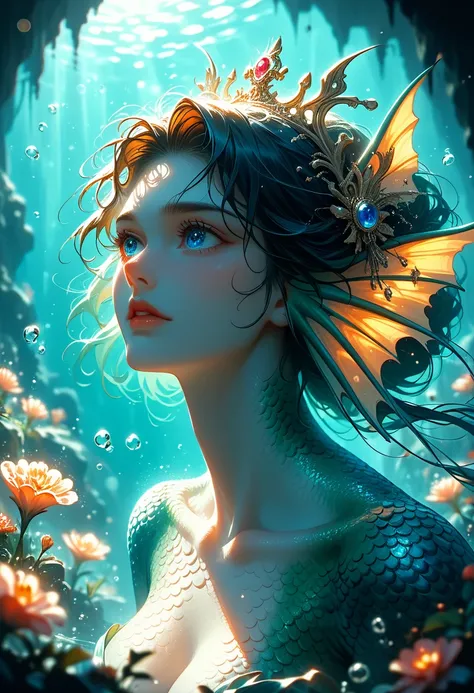 benthic merfolk, 1woman, beautiful, blue eyes, Под Водой, на Камне Манит Рыбаков в воду,score_9, score_8_up, score_7_up, dramatic lighting, highly detailed, high budget, bokeh, cinemascope, moody, epic, gorgeous, film grain, grainy, masterpiece, best quali...