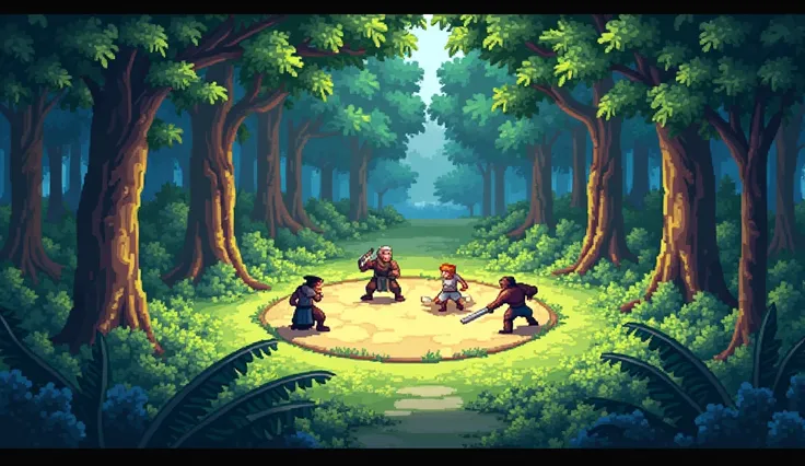 pixel art, beautiful forest background, Masterpiece artwork, closed forest, two circular land areas, battle
