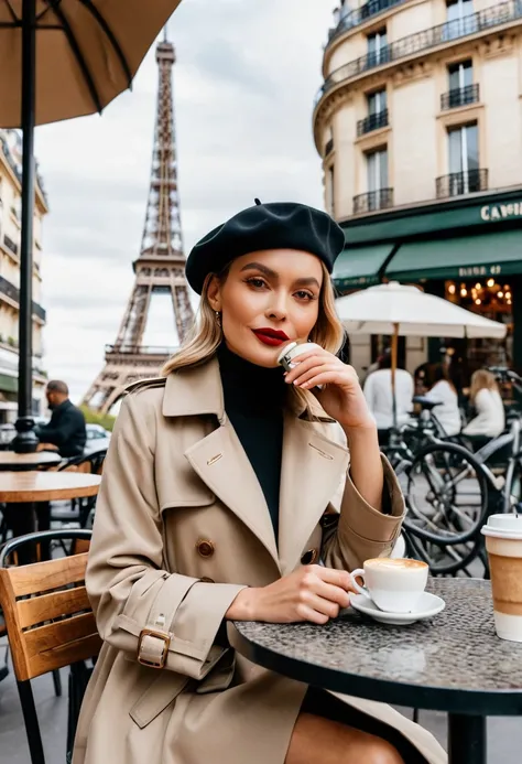 4. The influencer is seated at a small round table outside a Parisian café, sipping an espresso. She’s dressed in a chic beret and trench coat, with the Eiffel Tower subtly visible in the background.
