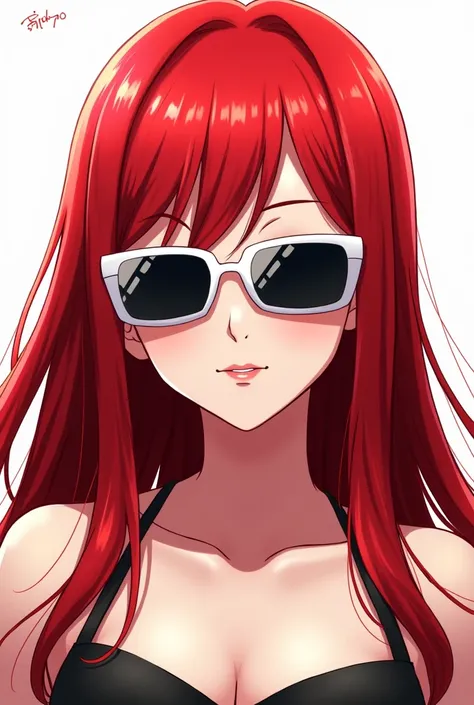 Anime girl with red hair and sunglasses (White background) (1:1) 