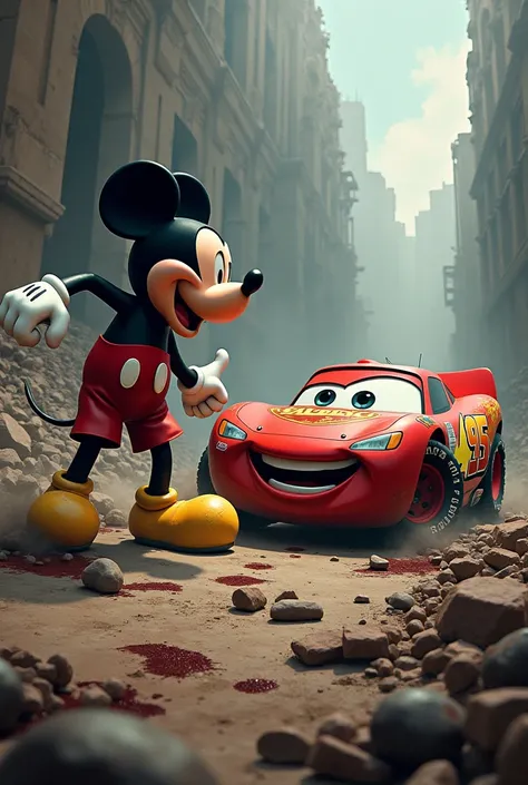 Mickey mouse vs Lightning Mcqueen demons,haos,Undoing,bloodstains,ruins,bodies scattered, struggle
