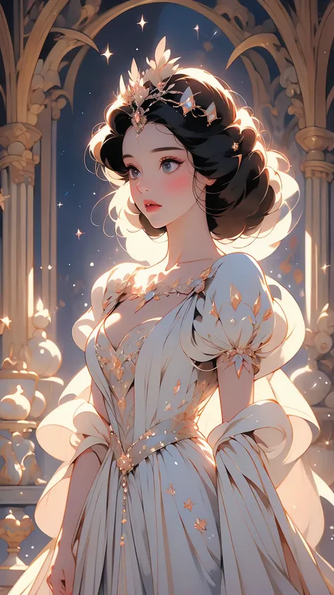 "a striking rendition of snow white (disney princess) reimagined in a haute couture outfit with intricate, fantastical elements....