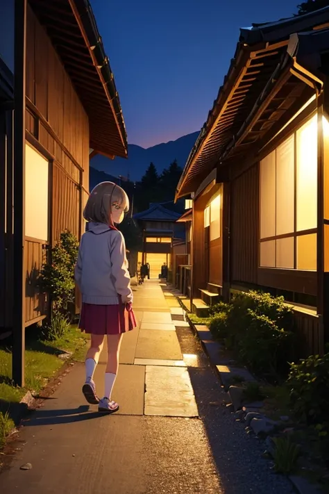 Inubashiri Kaede is walking slowly along the mountain path at dusk.