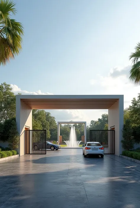 Genrate an elegant and modern entrance along with Watchmen room and waiting room with the name MANZIL DEVOLAPERS for an gated community with concrete road surface and beautiful landscape and an fountain at the front and cars passing through the gate in day...