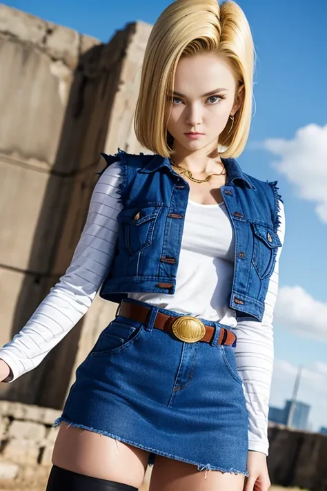 android 18, realist 1.5, olhos detalhado, cabelo curto loiro, blue colored eyes, waist belt, booties, tight blue denim skirt, go...