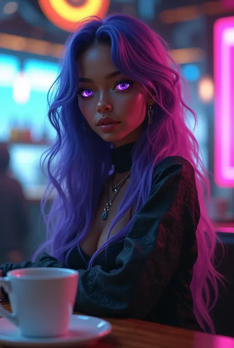 futuristic girl, dark skin, purple colored eyes, space, purple hair, blue hair, pink hair, long hair, dark skin, futuristic coffee shop