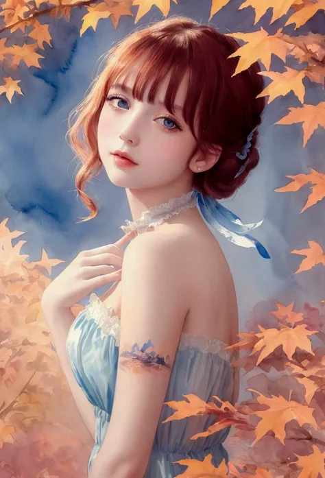 (8k, Highest quality, masterpiece:1.2),(Highest quality:1.0), (Ultra-high resolution:1.0), watercolor, Beautiful woman, shoulder, Hair Ribbon, Agnes Cecil, Half Body Portrait, Very bright and luminous design, pastel colour, (ink:1.3), Autumn Light,