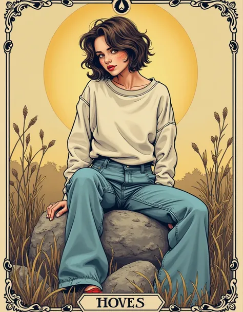 masterpiece, raw tarot aesthetics, tarot vintage line-art aesthetics, siting on rock teenage seductive diva, oversize sweatshirt,high-waisted washed flared jeans,, caught in peril, languid posing, vintage, sexy curious, vintage line-art aesthetics, short h...