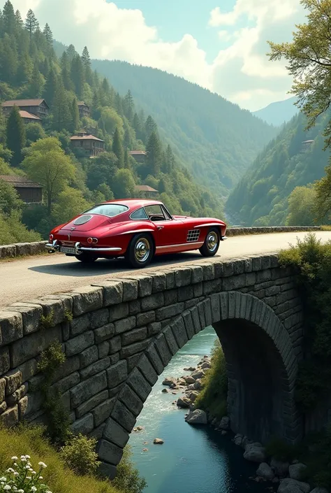 A car driving over a stone bridge