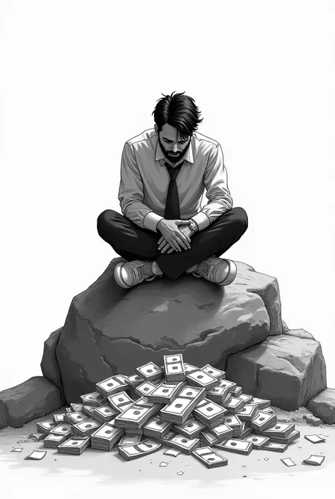 Man sitting on a rock, with a sad face and a lot of money, drawn in black and white animated 
